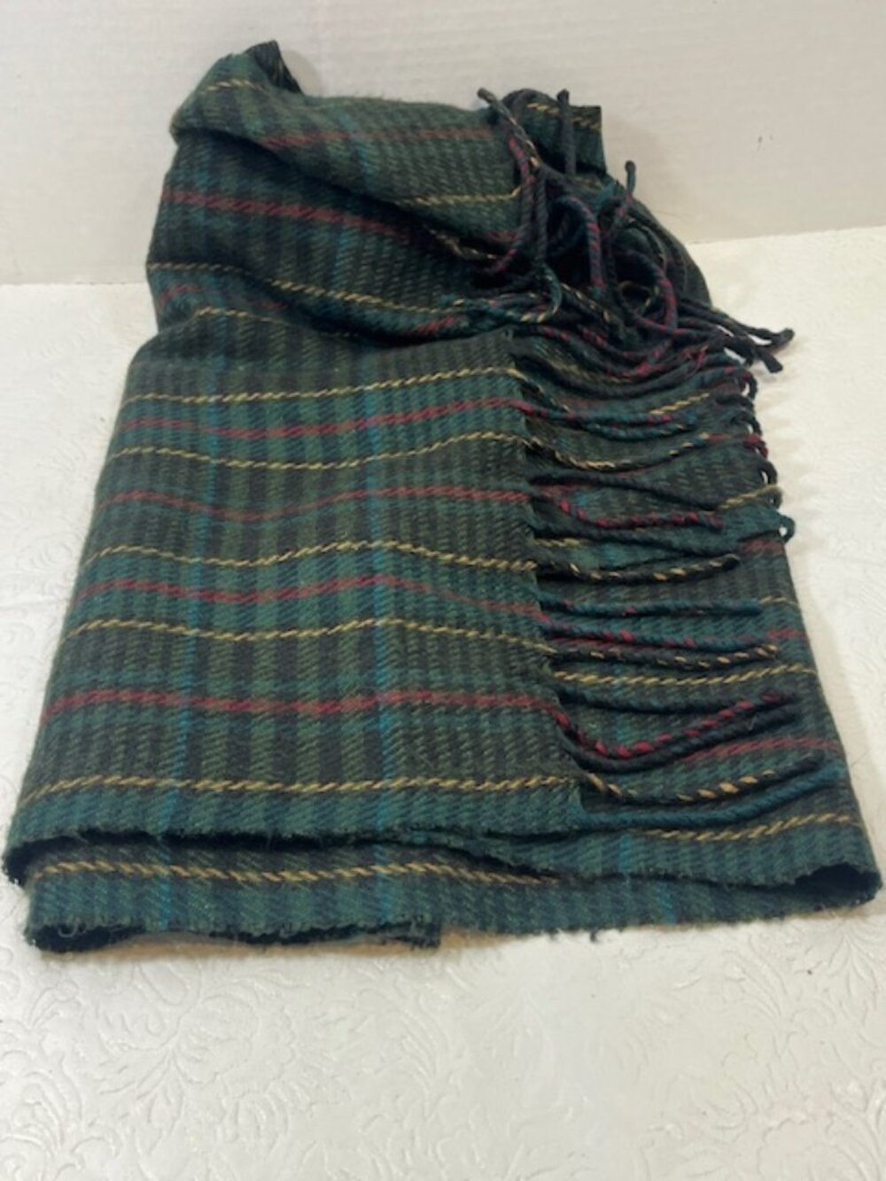 VTG Christian Dior Cashmaire Dark Green Plaid Winter Scarf w/Fringe England